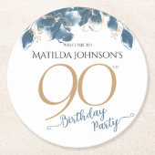 Blauw Goud Bloemen Aangepaste 90ste Verjaardagsfee Ronde Kartonnen Onderzetter (Voorkant)