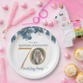 Blauw Goud Bloemen Aangepaste Foto 70e Verjaardags Papieren Bordje (Feest)