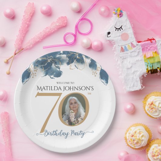 Blauw Goud Bloemen Aangepaste Foto 70e Verjaardags Papieren Bordje (Feest)