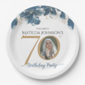 Blauw Goud Bloemen Aangepaste Foto 70e Verjaardags Papieren Bordje (Voorkant)
