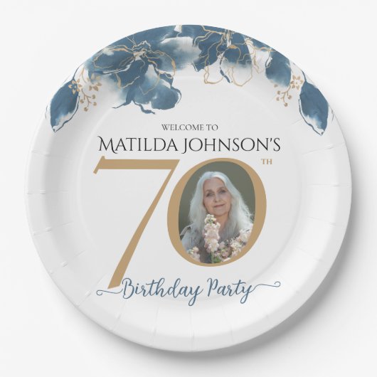 Blauw Goud Bloemen Aangepaste Foto 70e Verjaardags Papieren Bordje (Voorkant)