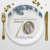 Blauw Goud Bloemen Aangepaste Foto 70e Verjaardags Papieren Bordje