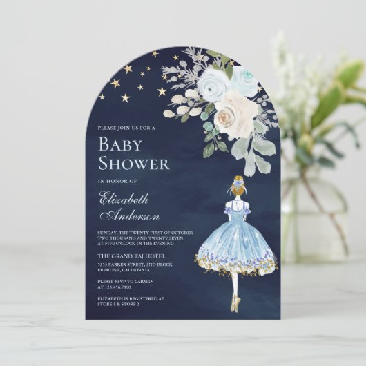 Blauw Goud Bloemen Ballerina Boog Navy Baby shower Kaart (Staand voorkant)
