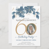 Blauw Goud Bloemen Custom Foto 60ste Verjaardag Kaart (Voorkant)