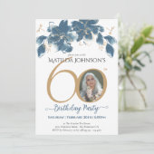 Blauw Goud Bloemen Custom Foto 60ste Verjaardag Kaart (Staand voorkant)