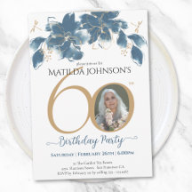 Blauw Goud Bloemen Custom Foto 60ste Verjaardag