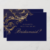  Blauw Goud Bloemen Damask Script Bruidsmeisje Kaart (Voorkant / Achterkant)