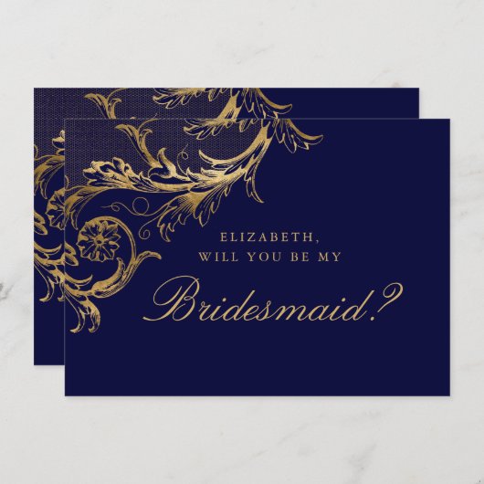 Blauw Goud Bloemen Damask Script Bruidsmeisje Kaart (Voorkant / Achterkant)