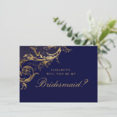  Blauw Goud Bloemen Damask Script Bruidsmeisje Kaart (Staand voorkant)