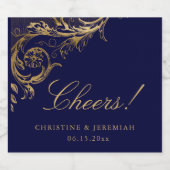  Blauw Goud Bloemen Damast Cheer Bruiloft Sparkling Wijnetiket (Enkel label)