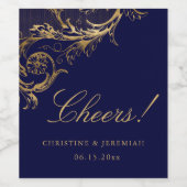  Blauw Goud Bloemen Damast Cheers Bruiloft Wijn Etiket (Enkel label)