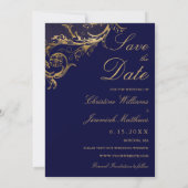  Blauw Goud Bloemen Damast Foto Bruiloft Save The Date (Achterkant)