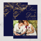  Blauw Goud Bloemen Damast Foto Bruiloft Save The Date (Voorkant / Achterkant)