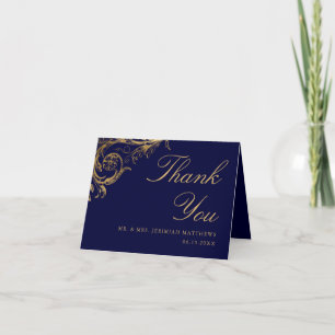 Blauw Goud Bloemen Damast Script Bruiloft Bedankkaart
