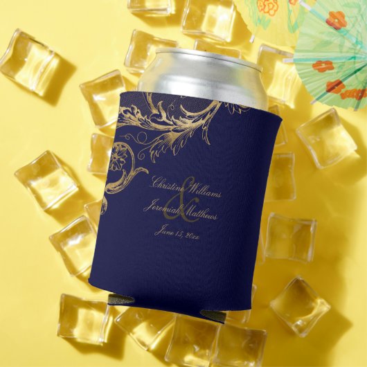  Blauw Goud Bloemen Damast Script Bruiloft Blikjeskoeler (Insitu Zomer)