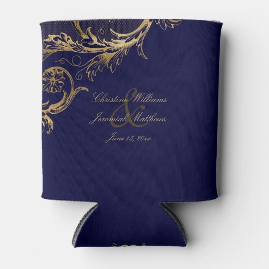  Blauw Goud Bloemen Damast Script Bruiloft Blikjeskoeler (Voorkant)