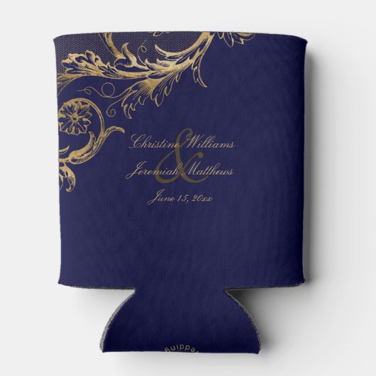  Blauw Goud Bloemen Damast Script Bruiloft Blikjeskoeler (Achterkant)