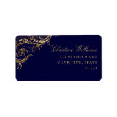 Blauw Goud Bloemen Damast Script Bruiloft Etiket (Voorkant)