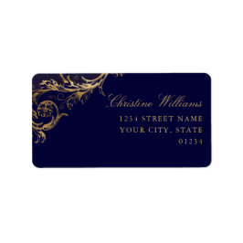  Blauw Goud Bloemen Damast Script Bruiloft Etiket