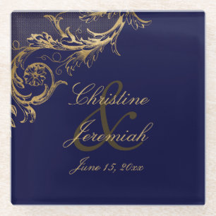  Blauw Goud Bloemen Damast Script Bruiloft Glazen Onderzetter