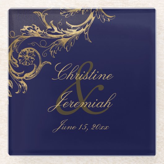  Blauw Goud Bloemen Damast Script Bruiloft Glazen Onderzetter (Voorkant)