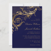 Blauw Goud Bloemen Damast Script Bruiloft Kaart (Voorkant)