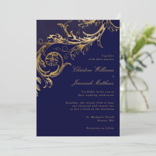  Blauw Goud Bloemen Damast Script Bruiloft Kaart (Staand voorkant)