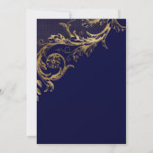  Blauw Goud Bloemen Damast Script Bruiloft Kaart (Achterkant)