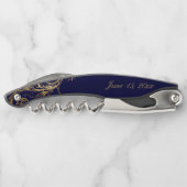  Blauw Goud Bloemen Damast Script Bruiloft Kurkentrekker (Achterkant)