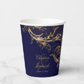  Blauw Goud Bloemen Damast Script Bruiloft Papieren Bekers (Achterkant)