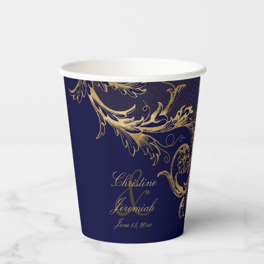 Blauw Goud Bloemen Damast Script Bruiloft Papieren Bekers (Achterkant)
