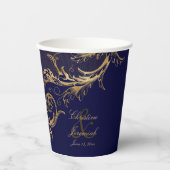  Blauw Goud Bloemen Damast Script Bruiloft Papieren Bekers (Voorkant)