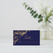  Blauw Goud Bloemen Damast Script Bruiloft Plaatskaartje (Staand voorkant)