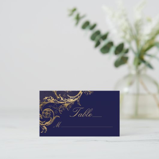  Blauw Goud Bloemen Damast Script Bruiloft Plaatskaartje (Staand voorkant)