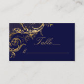 Blauw Goud Bloemen Damast Script Bruiloft Plaatskaartje (Voorkant)