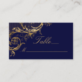  Blauw Goud Bloemen Damast Script Bruiloft Plaatskaartje