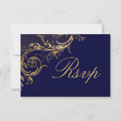  Blauw Goud Bloemen Damast Script Bruiloft RSVP Kaartje (Achterkant)
