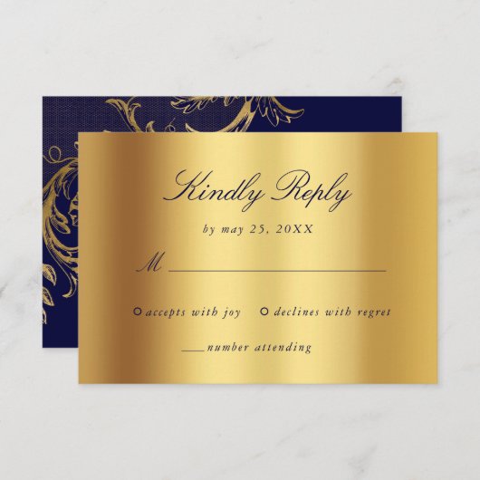  Blauw Goud Bloemen Damast Script Bruiloft RSVP Kaartje (Voorkant / Achterkant)