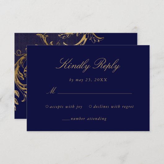  Blauw Goud Bloemen Damast Script Bruiloft RSVP Kaartje (Voorkant / Achterkant)