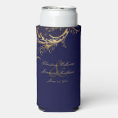  Blauw Goud Bloemen Damast Script Bruiloft Seltzer Blikjeskoeler (Seltzer Achterkant)