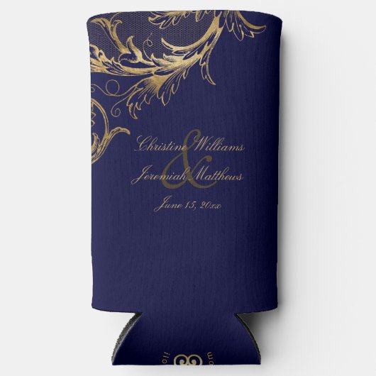  Blauw Goud Bloemen Damast Script Bruiloft Seltzer Blikjeskoeler (Voorkant)