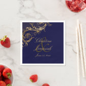 Blauw Goud Bloemen Damast Script Bruiloft Servet (Insitu)