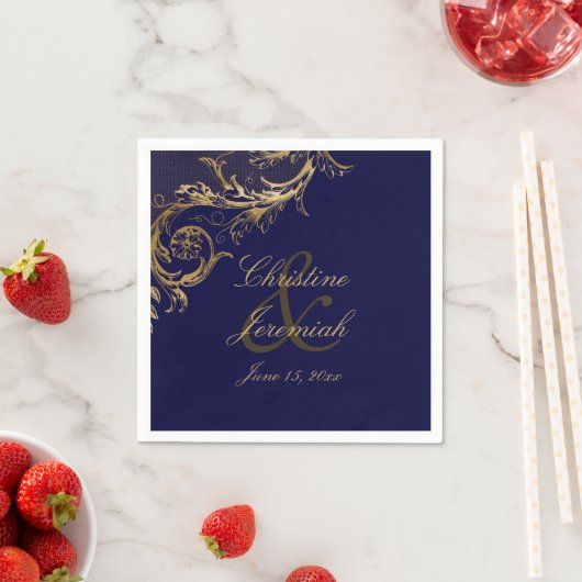  Blauw Goud Bloemen Damast Script Bruiloft Servet (Insitu)