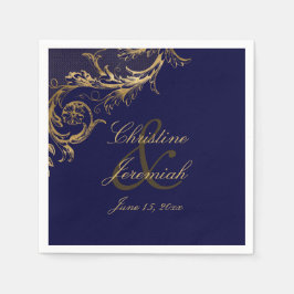  Blauw Goud Bloemen Damast Script Bruiloft Servet