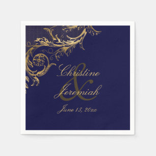 Blauw Goud Bloemen Damast Script Bruiloft Servet