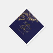 Blauw Goud Bloemen Damast Script Bruiloft Servet (Hoek)