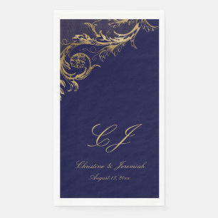 Blauw Goud Bloemen Damast Script Bruiloft Servet