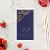  Blauw Goud Bloemen Damast Script Bruiloft Servet (Insitu)