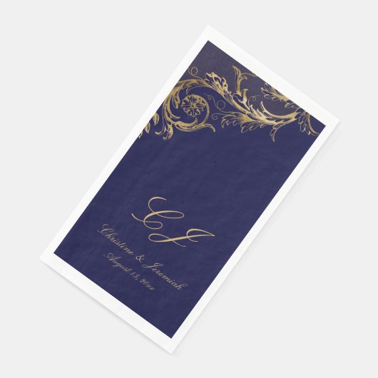 Blauw Goud Bloemen Damast Script Bruiloft Servet (Hoek)