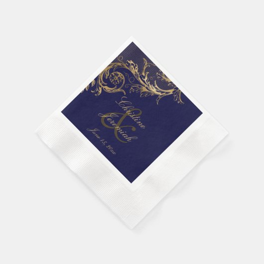 Blauw Goud Bloemen Damast Script Bruiloft Servet (Hoek)